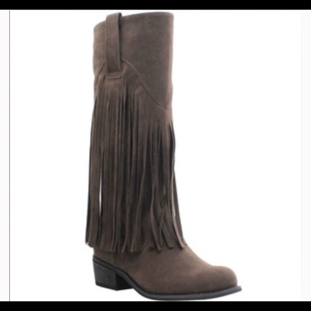 Ladies Low heels Suede Booties W fringe Dark Taupe